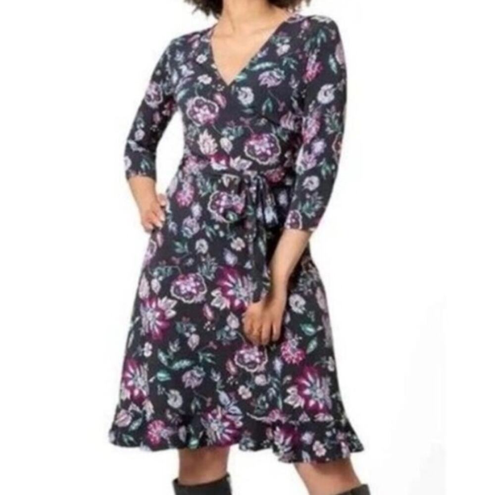 Leota size large black floral knee length dress tie waist stitch fix faux wrap